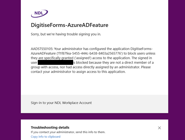 Picture showing the Entra ID - Blocked Form Message.